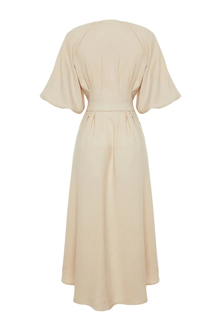 Stone Belted Half Balloon Sleeve Linen Look Woven Shirt Dress - 7