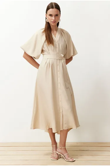 Stone Belted Half Balloon Sleeve Linen Look Woven Shirt Dress