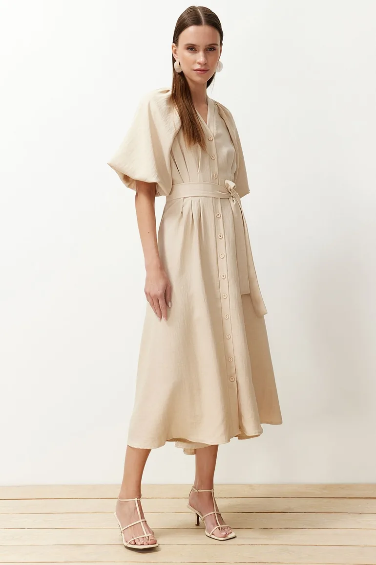 Stone Belted Half Balloon Sleeve Linen Look Woven Shirt Dress - 1