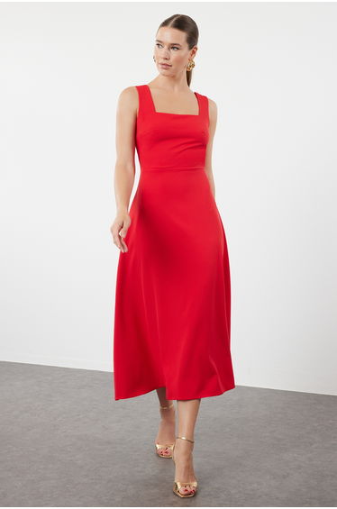 Red A-Cut Woven Elegant Evening Dress