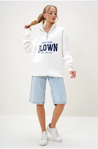 Women's Ecru Half Turtleneck Zippered Front and Printed Inside-Red Sweatshirt