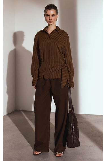 Brown Stripe Oversized Wrap Waist Shirt