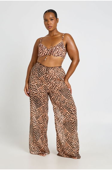 Plus Abstract Print Chiffon Wide Leg Beach Trouser - chocolate