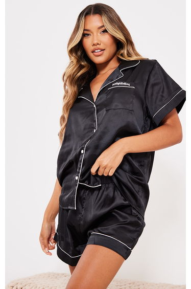 PRETTYLITTLETHING Black Contrast Piping Short Pj Set