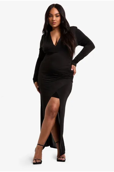 Plus Double Shoulder Pad Wrap Maxi Dress