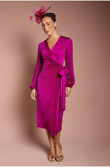 Satin Pleated Wrap Dress