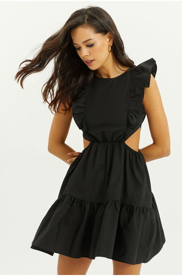 Women's Black V-necked Ruffles Mini Dress