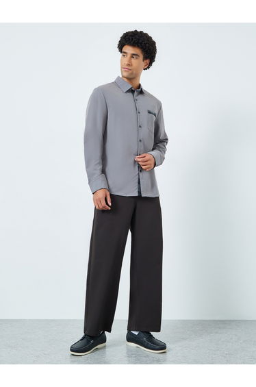 Men Grey Spread Collar Long Sleeve Shirt