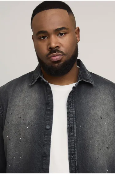 Plus Regular Fit Spray Washed Paint Splatter Denim Shirt - washed charcoal