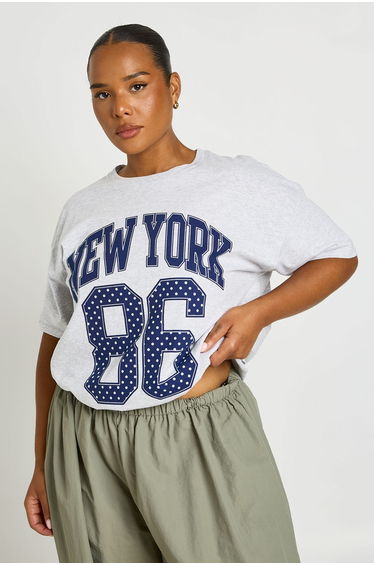 Plus New York Polka Printed T Shirt - grey marl