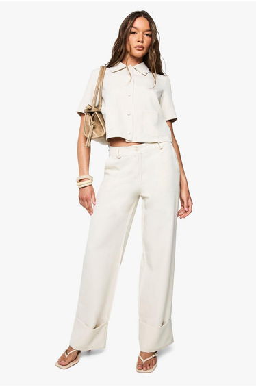 Woven Turn Up Wide Leg Trousers - ecru