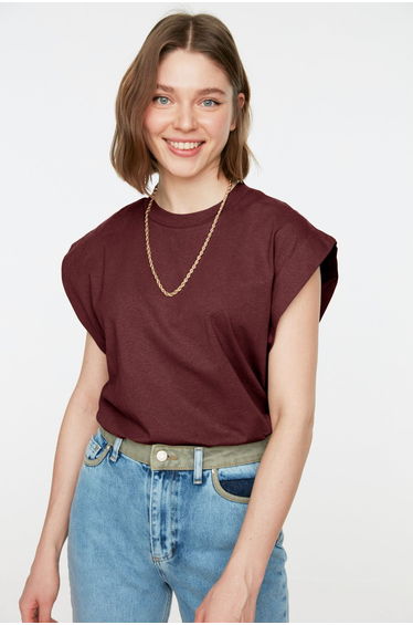 Claret Red 100% Cotton Padded Look Basic Crew Neck Knitted T-Shirt