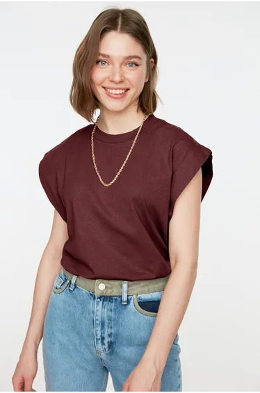 Claret Red 100% Cotton Padded Look Basic Crew Neck Knitted T-Shirt