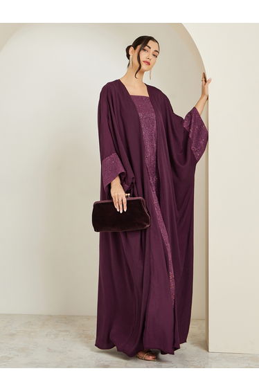 Women Burgundy Embellished Abaya with Inner Dress Set