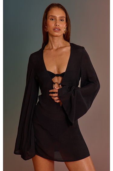 Black Linen Look O-ring Flute Sleeve Beach Dress