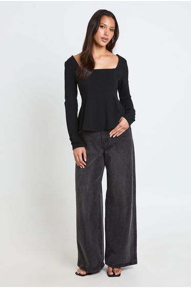 Scoop Neck Long Sleeve Peplum Top - black