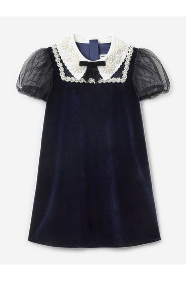 Self Portrait Girls Velvet Tulle Flower Trim Dress in Navy