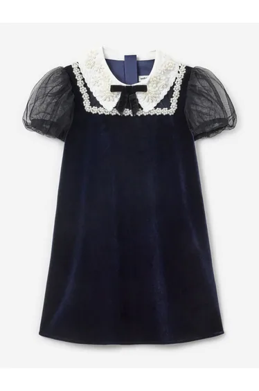 Self Portrait Girls Velvet Tulle Flower Trim Dress in Navy