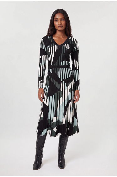 Zebra Jacquard Knit Full Skirted Midi Dress