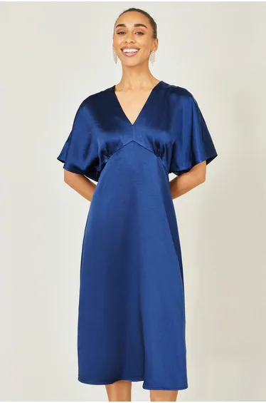 Yumi Navy Satin Midi Kimono Dress