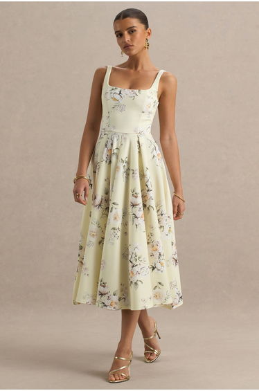 Lissa | Lemon Floral Bouquet Print Square-Neck Dress