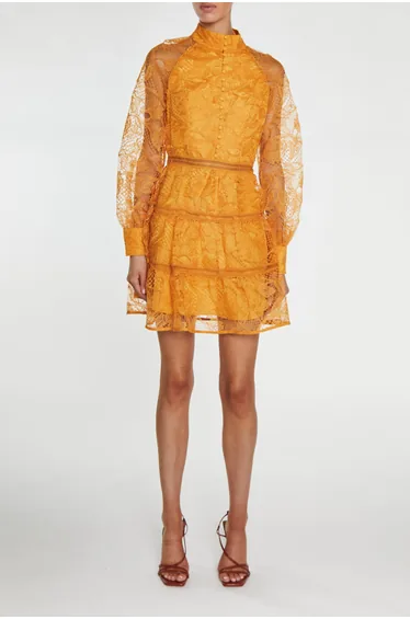 Yellow Floral Embroidered A-Line Mini Party Dress with Ruffles