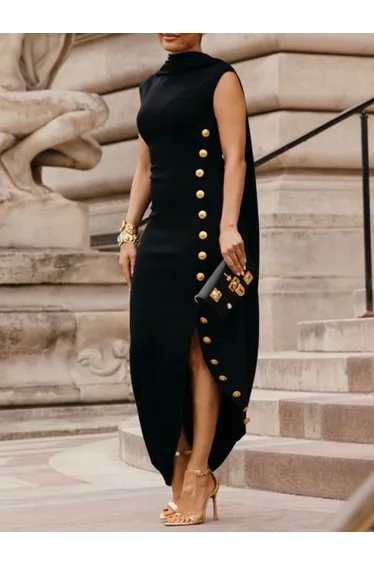 Loose Sleeveless Solid Color Split-side Shawl Collar Maxi Dresses