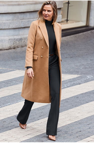 Camel Double Breasted Longline Coat With Gold Button Detail