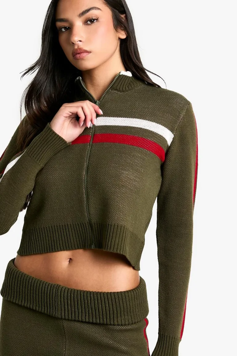 Rib Knitted High Neck Zip Through Jumper and Foldover Waistband Flared Trouser - khaki - 3