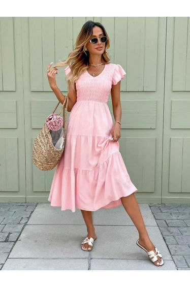 Women Pink Smocked Waist Frill Sleeve Midi Dress