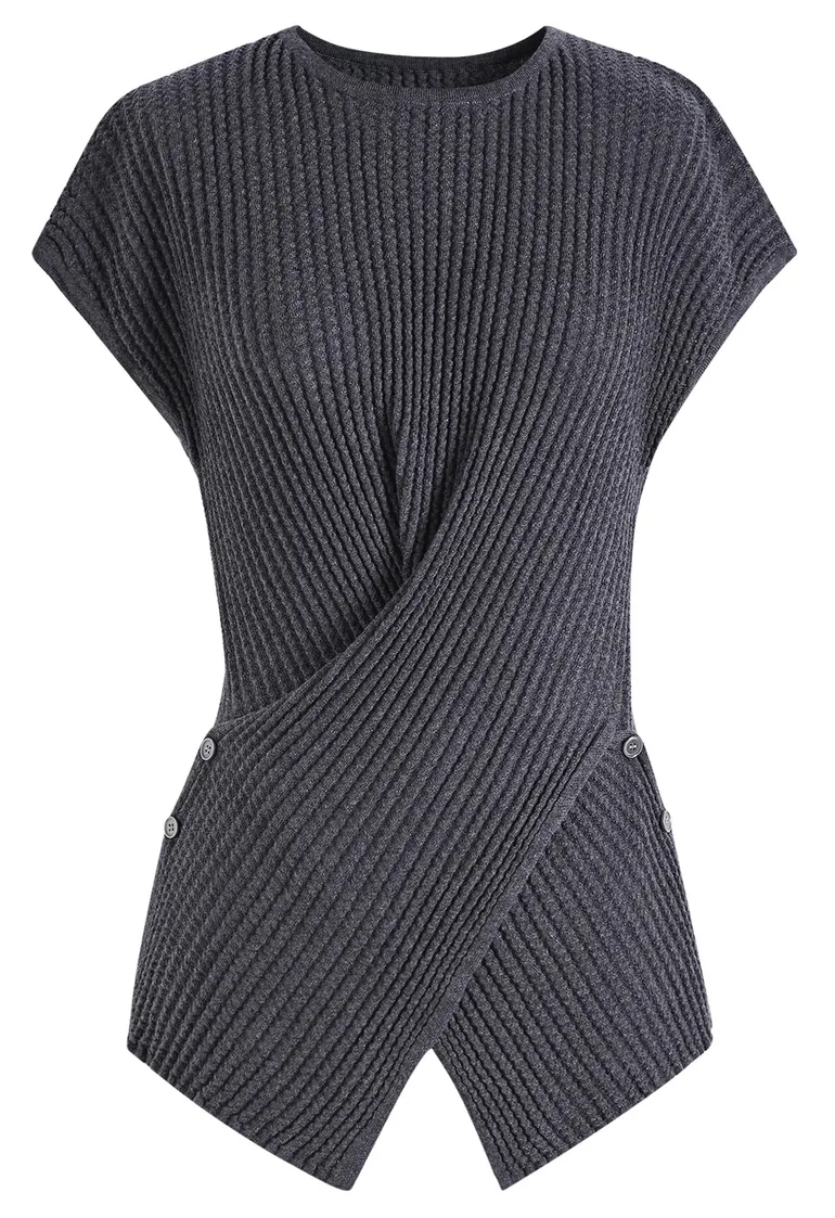Stylish Crisscross Buttoned Waist Rib Knit Top in Smoke for Workdays & Coffee Runs - 5