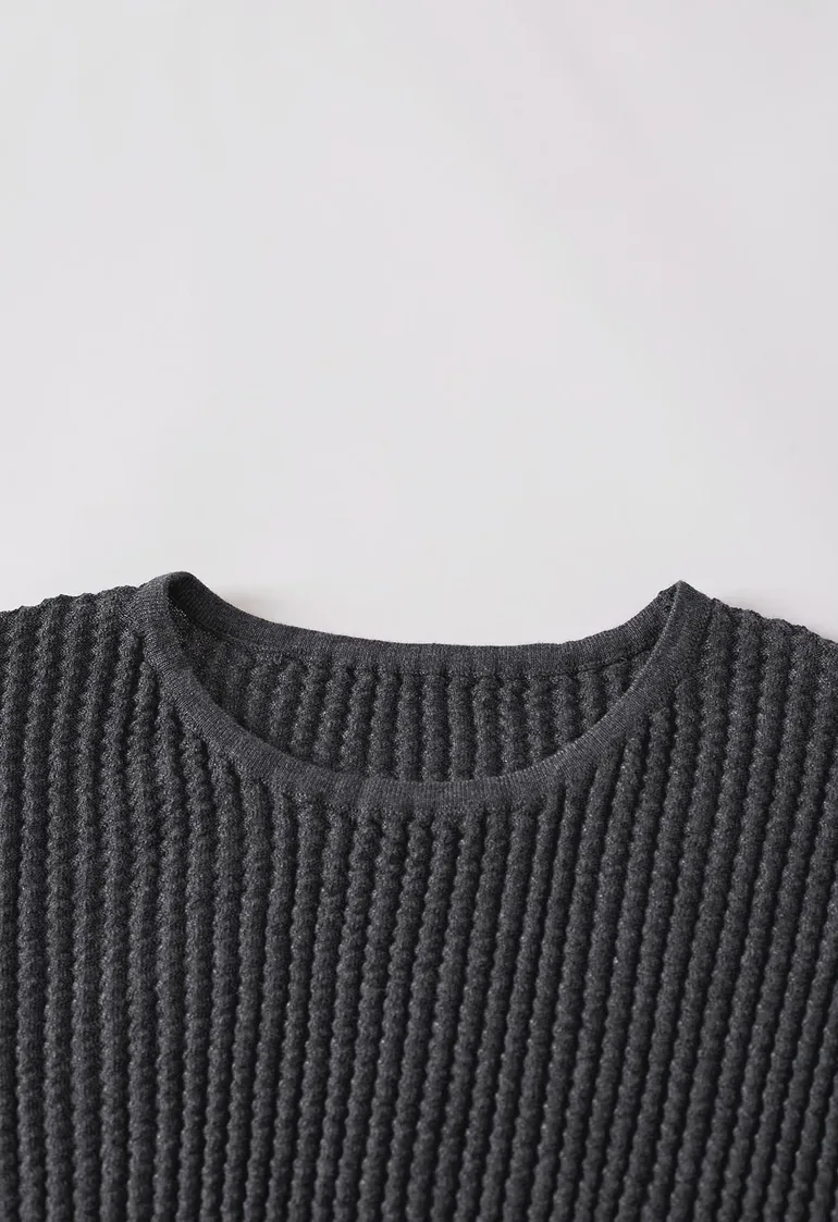 Stylish Crisscross Buttoned Waist Rib Knit Top in Smoke for Workdays & Coffee Runs - 6