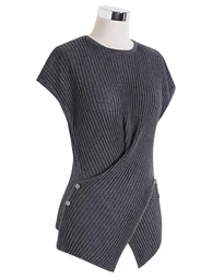Stylish Crisscross Buttoned Waist Rib Knit Top in Smoke for Workdays & Coffee Runs - 9