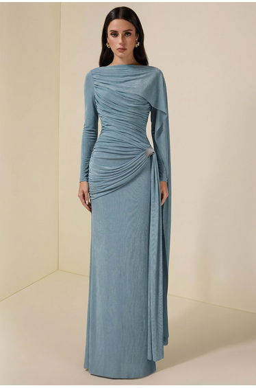 Solid Gathering Metal Button Cape Sleeve Maxi Dress