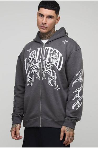 Tall Oversized Zip Through Limited Graphic Hoodie - charcoal