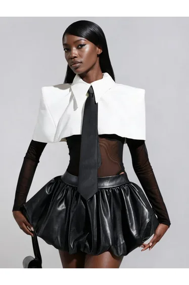 Heyren Folded Collar Tie Mesh Bodysuit