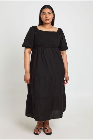 Plus Linen Look Volume Sleeve Tiered Midaxi Dress - black