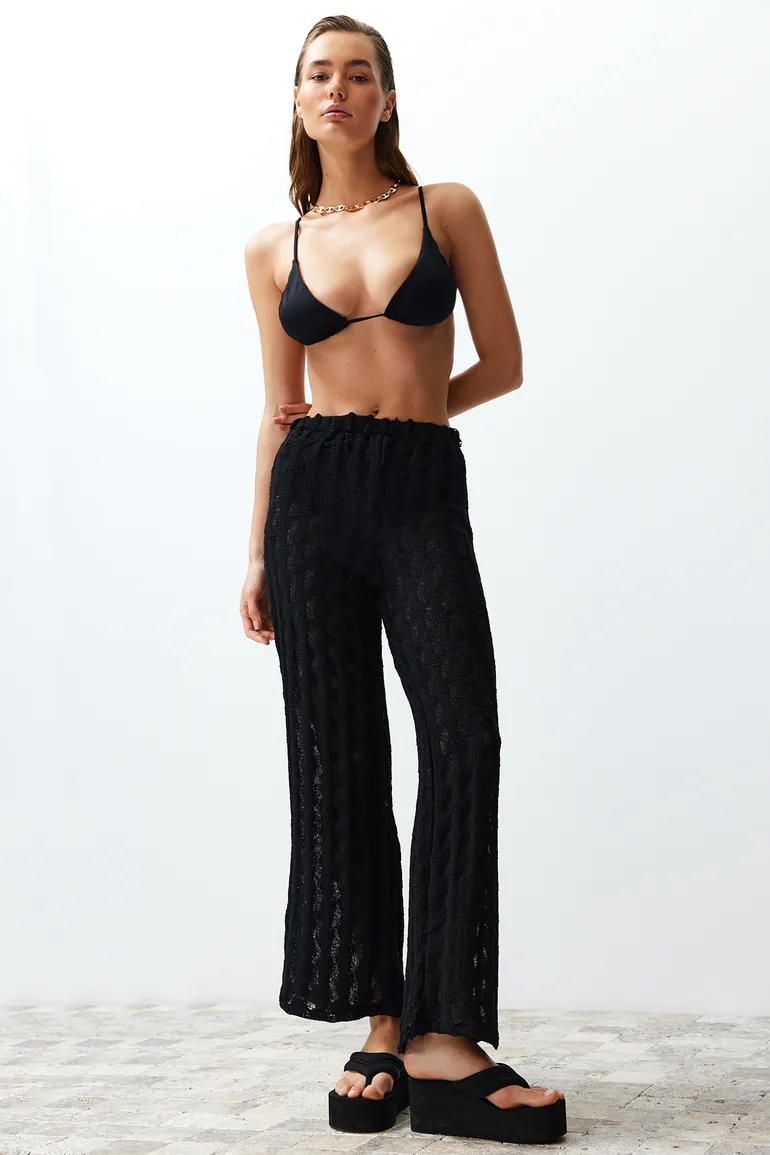 Black Knitted Knitwear Look Trousers - 2