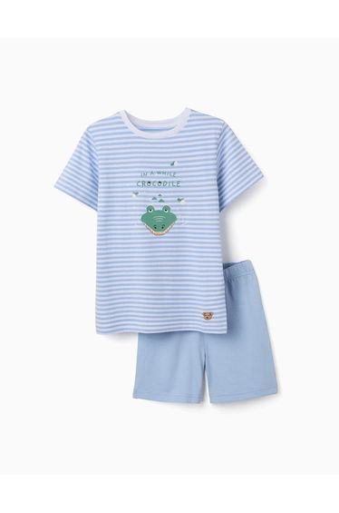 Cotton Pyjamas With Crocodile Glow In The Dark Print For Boys White Blue