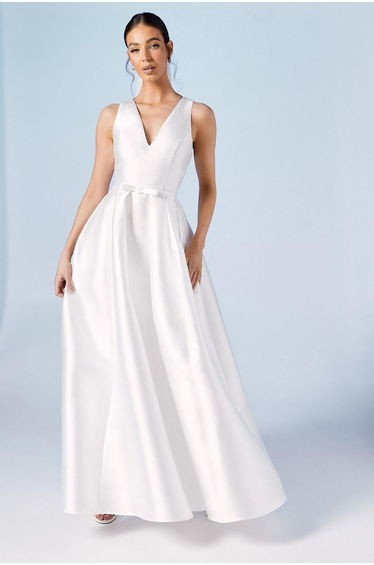 Plunge Neck Bow Waist Maxi Dress With Pockets