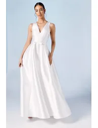 Plunge Neck Bow Waist Maxi Dress With Pockets