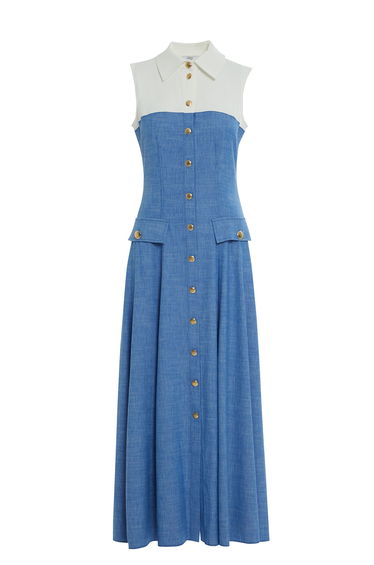 Waisted Ruffled Long Blue Dress