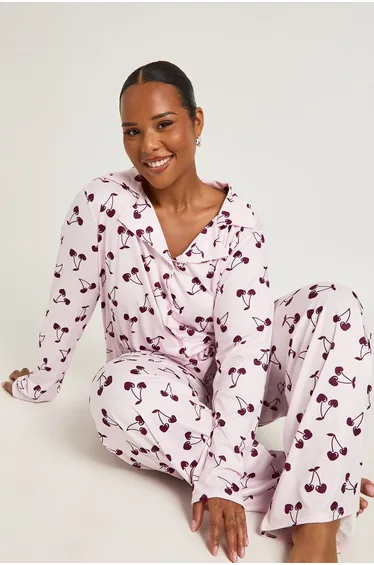 Plus Cherry Print Long Sleeve & Trouser PJ Set - light pink