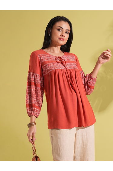 Rust Tie-Up Ethnic Print Workwear Tunic