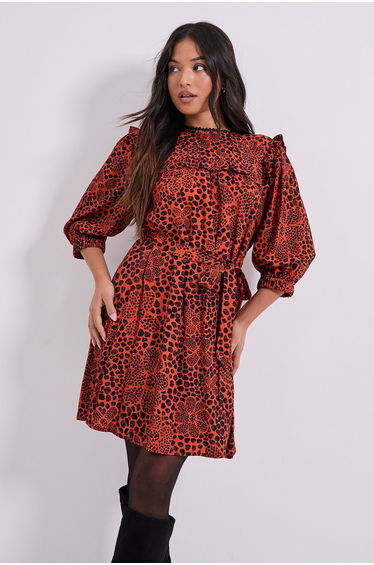Petite Tie Waist Yoke Frill Detail Printed Belted Mini Dresss