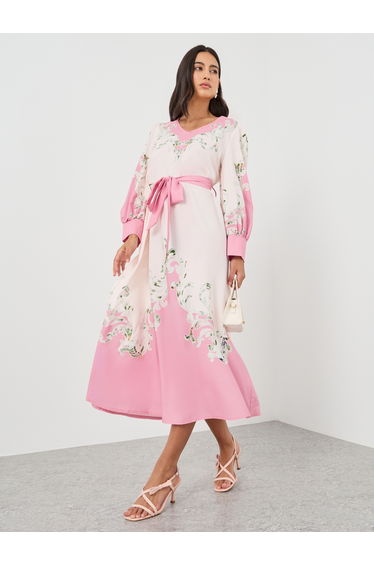 Floral Print V-Neck Belted A-Line Maxi Dress