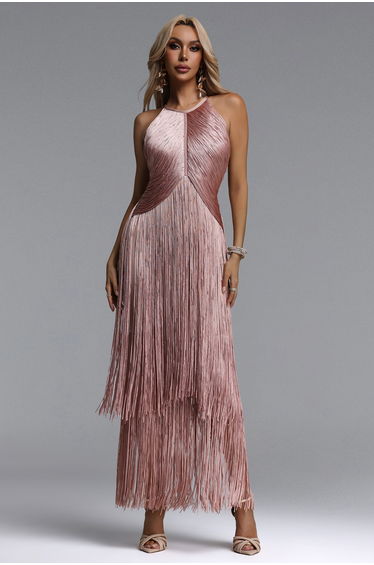 Taye Classic Contour Halter Fringe Bandage Pink Maxi Dress