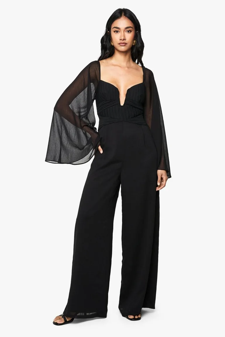 Chiffon Pleated Long Sleeve Jumpsuit - black