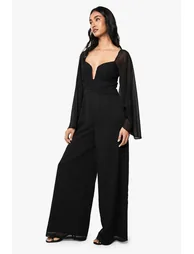 Chiffon Pleated Long Sleeve Jumpsuit - black - 2