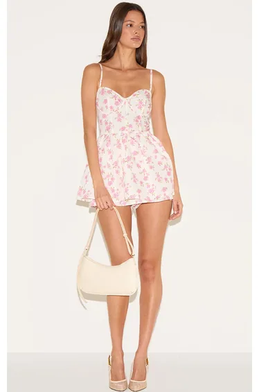 Pink Floral Print Corset Detail Floaty Skort Playsuit